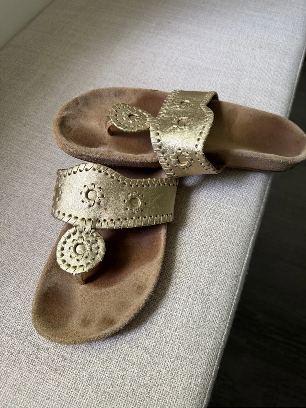 Jack Rogers Metallic Champagne Gold Thong Sandals with Medallion Detail